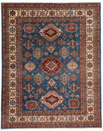 9x11 Blue and Ivory Kazak Tribal Rug