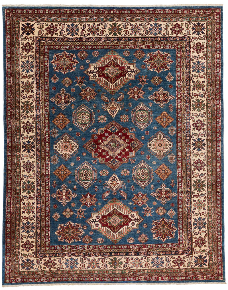 9x11 Blue and Ivory Kazak Tribal Rug