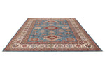 9x11 Blue and Ivory Kazak Tribal Rug