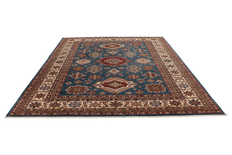 9x11 Blue and Ivory Kazak Tribal Rug