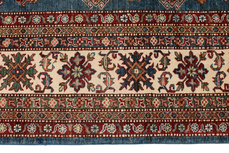 9x11 Blue and Ivory Kazak Tribal Rug