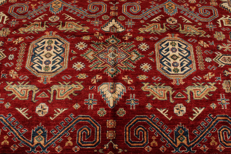 10x13 Red and Ivory Kazak Tribal Rug