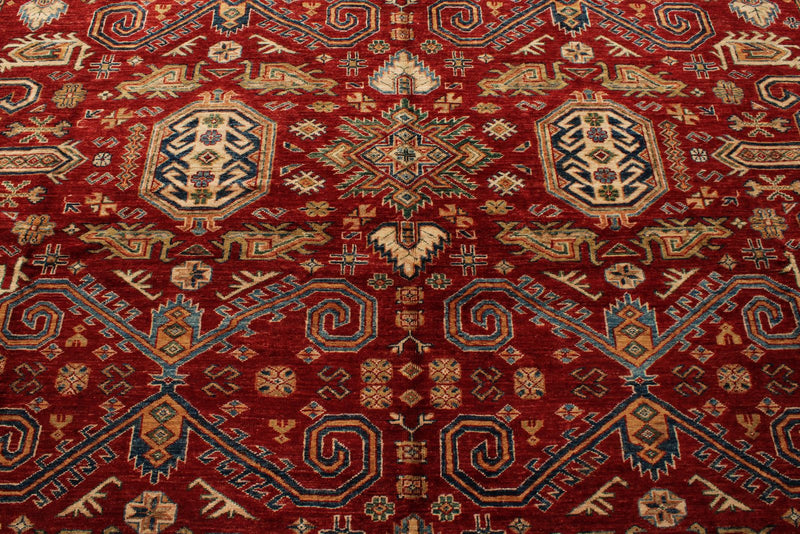 10x13 Red and Ivory Kazak Tribal Rug