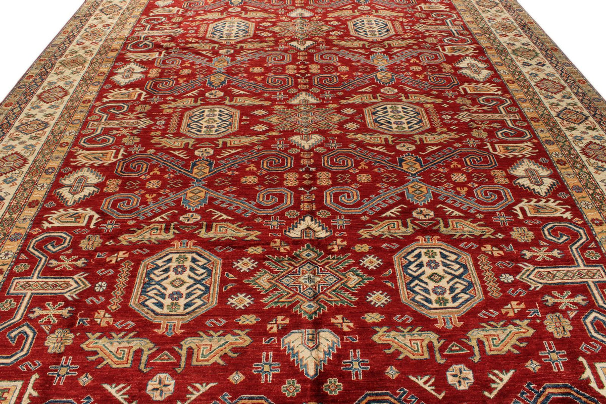 10x13 Red and Ivory Kazak Tribal Rug