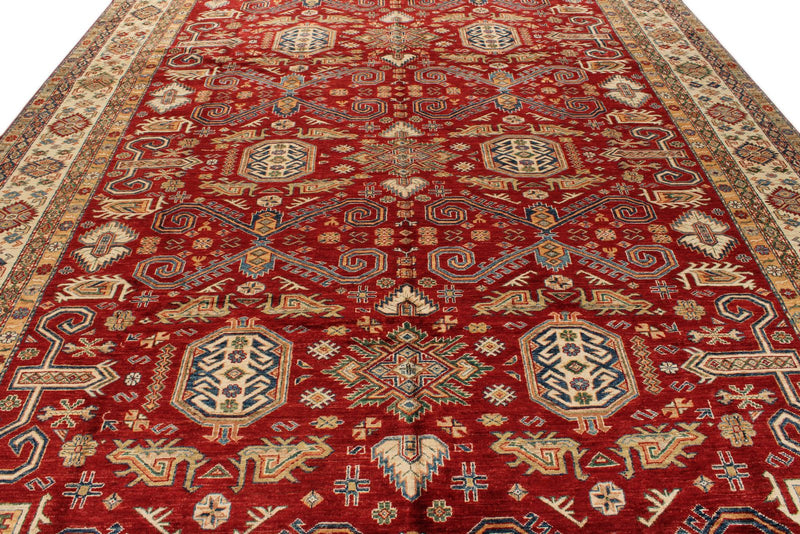 10x13 Red and Ivory Kazak Tribal Rug