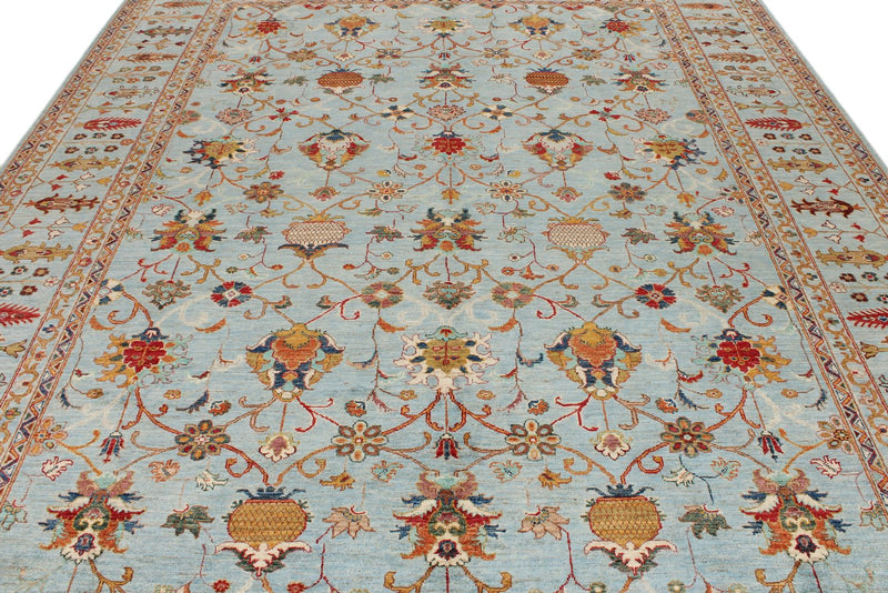 9x12 Blue and Multicolor Turkish Tribal Rug