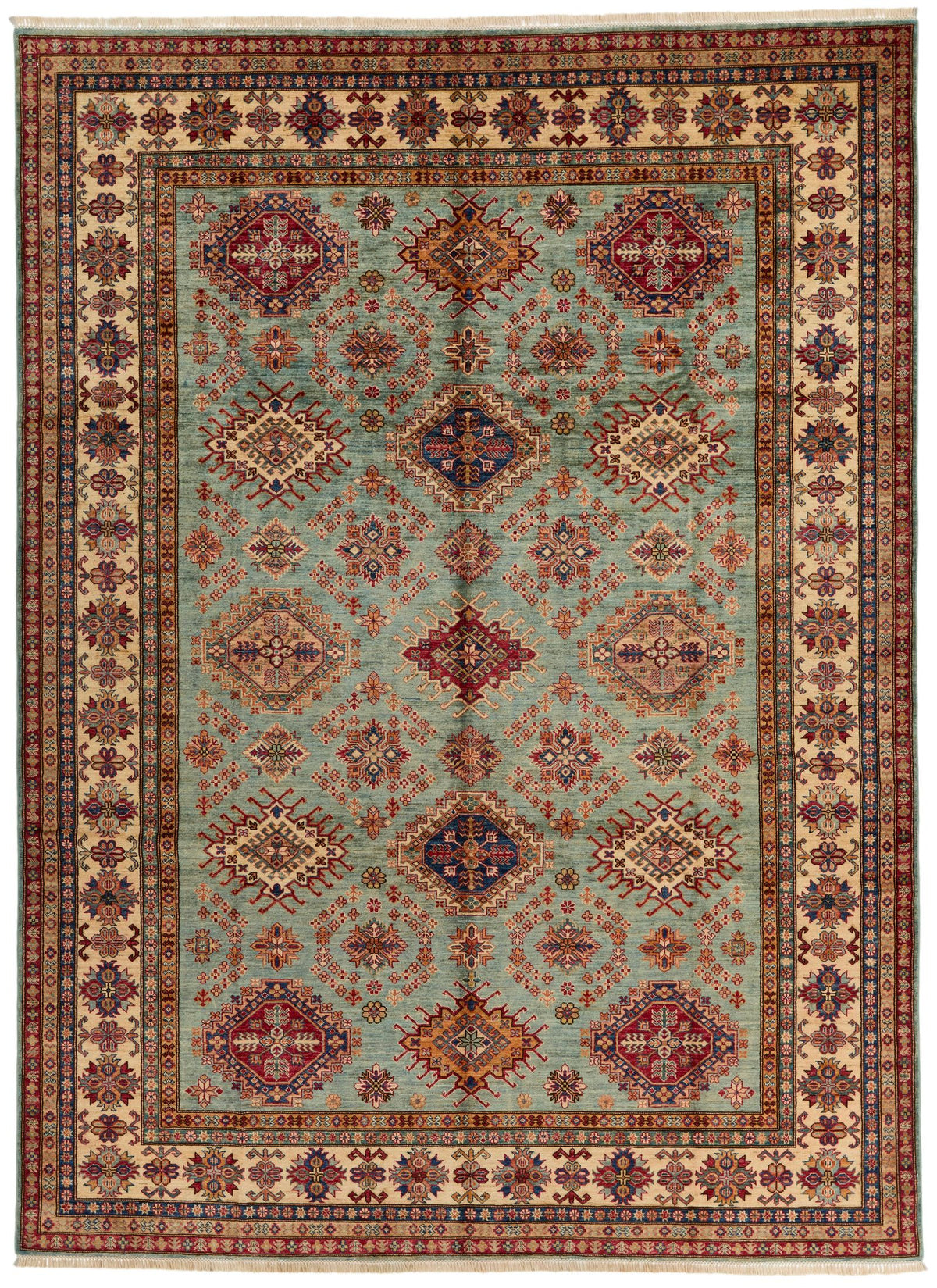 9x12 Olive Green and Ivory Kazak Tribal Rug