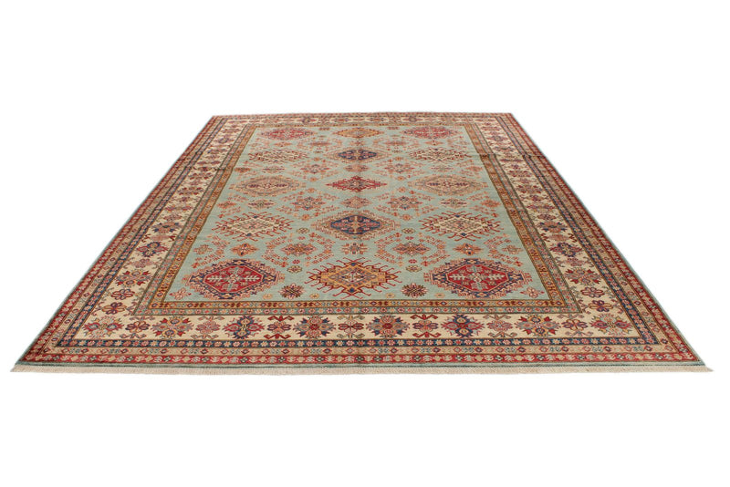 9x12 Olive Green and Ivory Kazak Tribal Rug