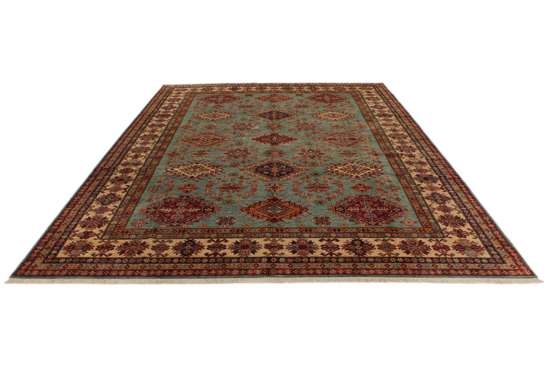9x12 Olive Green and Ivory Kazak Tribal Rug