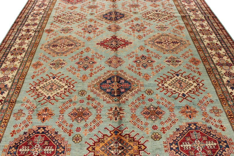 9x12 Olive Green and Ivory Kazak Tribal Rug