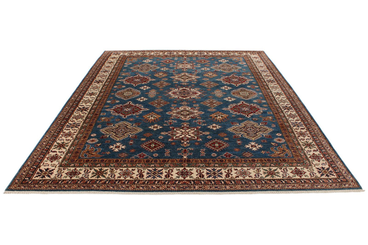 9x11 Blue and Ivory Kazak Tribal Rug