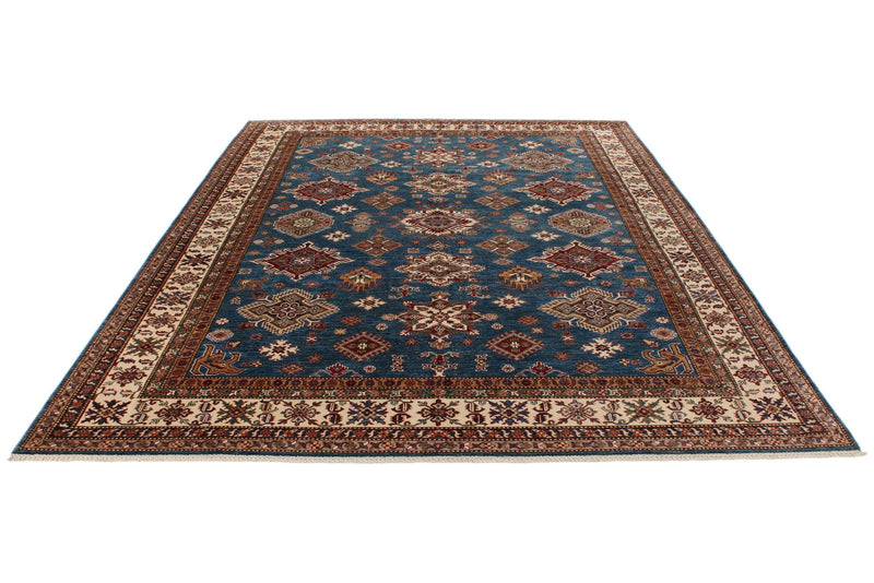 9x11 Blue and Ivory Kazak Tribal Rug