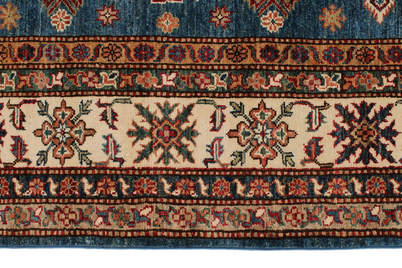 9x11 Blue and Ivory Kazak Tribal Rug