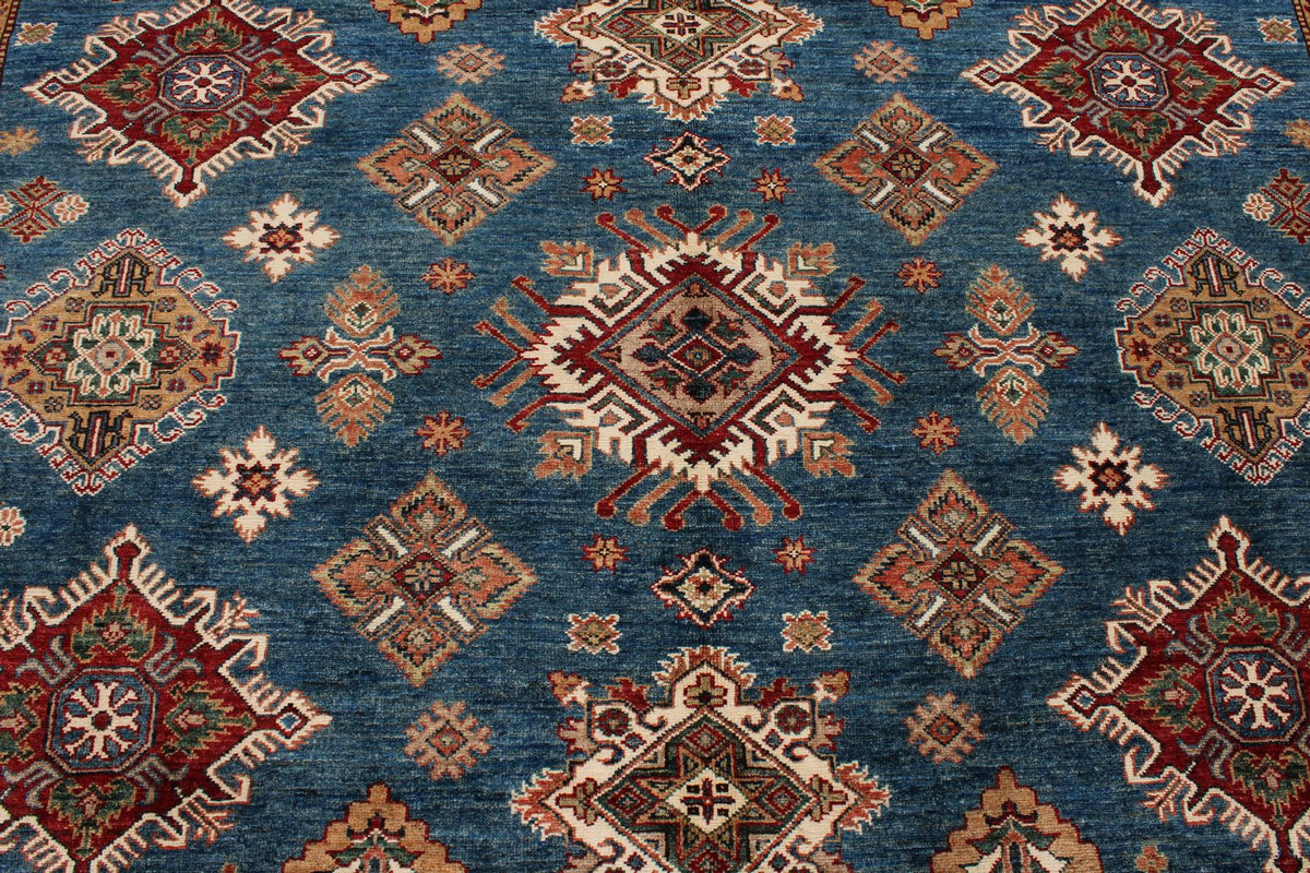 9x11 Blue and Ivory Kazak Tribal Rug