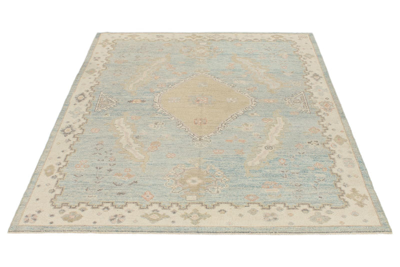 5x7 Light Blue and Ivory Turkish Oushak Rug