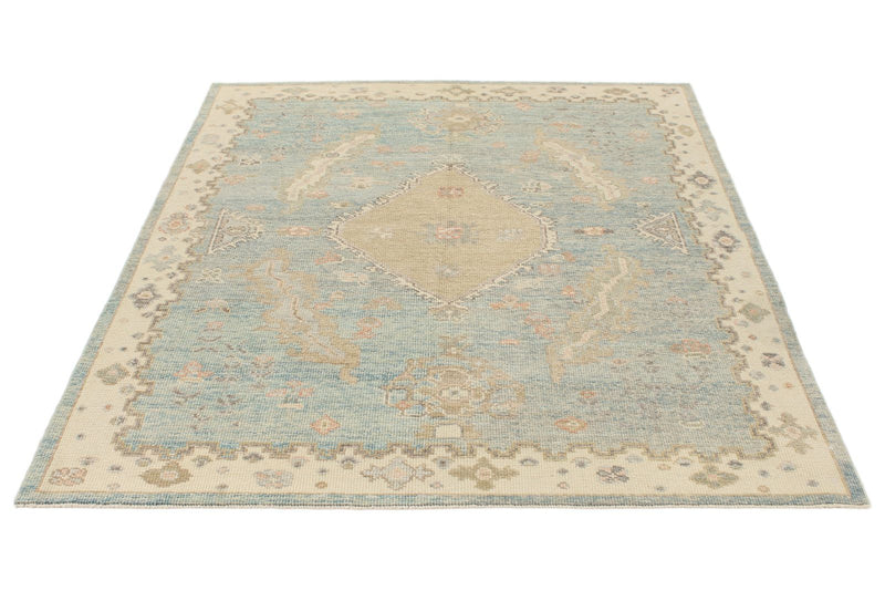 5x7 Light Blue and Ivory Turkish Oushak Rug