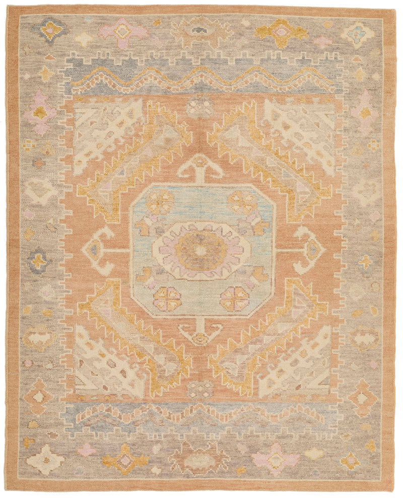 6x7 Light Rust and Blue Turkish Oushak Rug