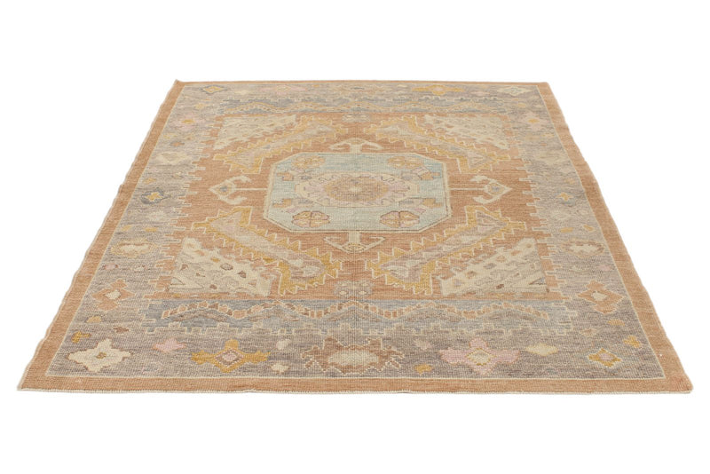 6x7 Light Rust and Blue Turkish Oushak Rug