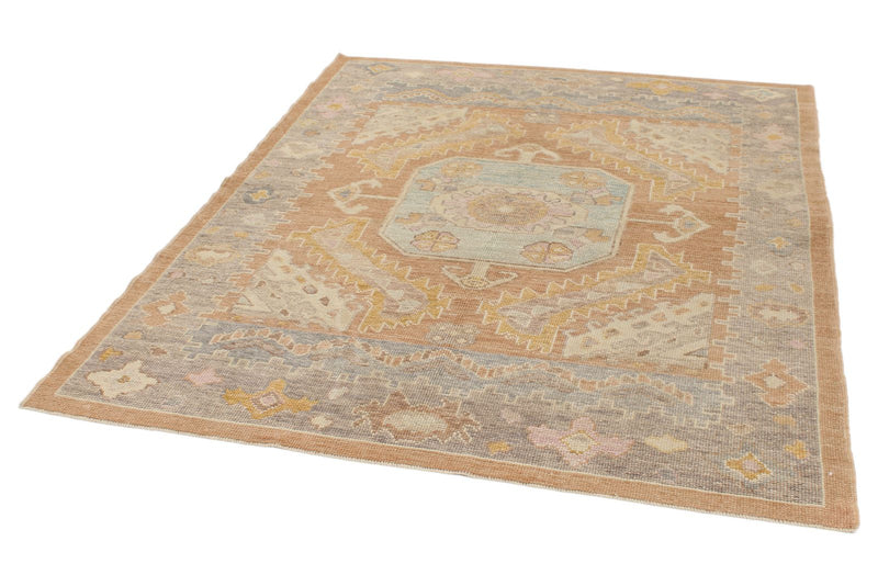 6x7 Light Rust and Blue Turkish Oushak Rug