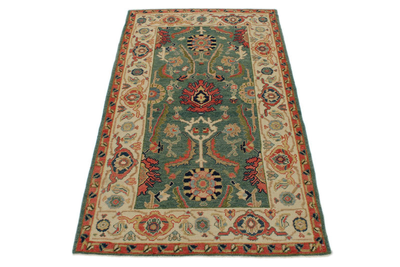 3x5 Green and Ivory Turkish Oushak Rug