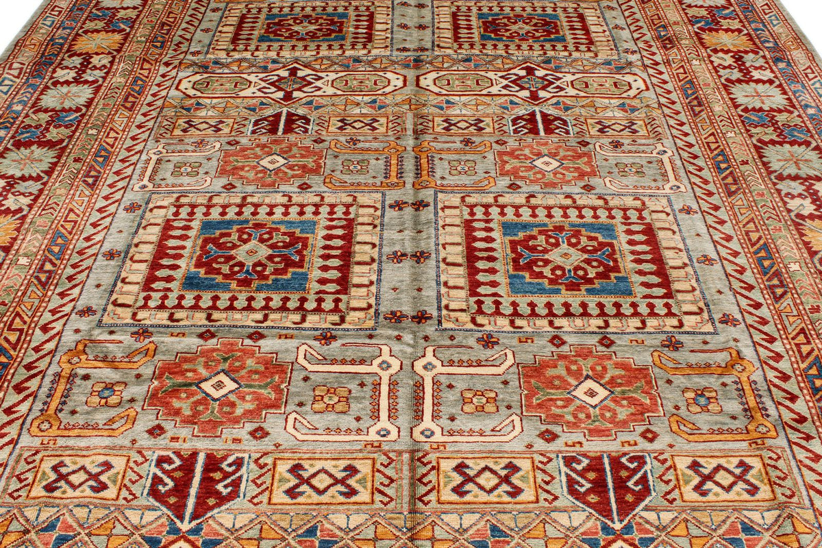 9x12 Gray and Multicolor Kazak Tribal Rug