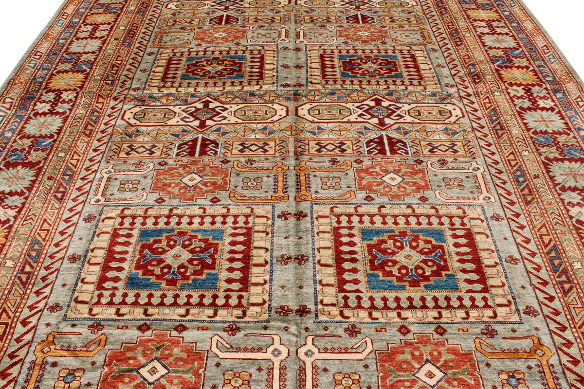 9x12 Gray and Multicolor Kazak Tribal Rug