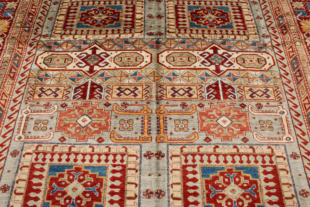 9x12 Gray and Multicolor Kazak Tribal Rug