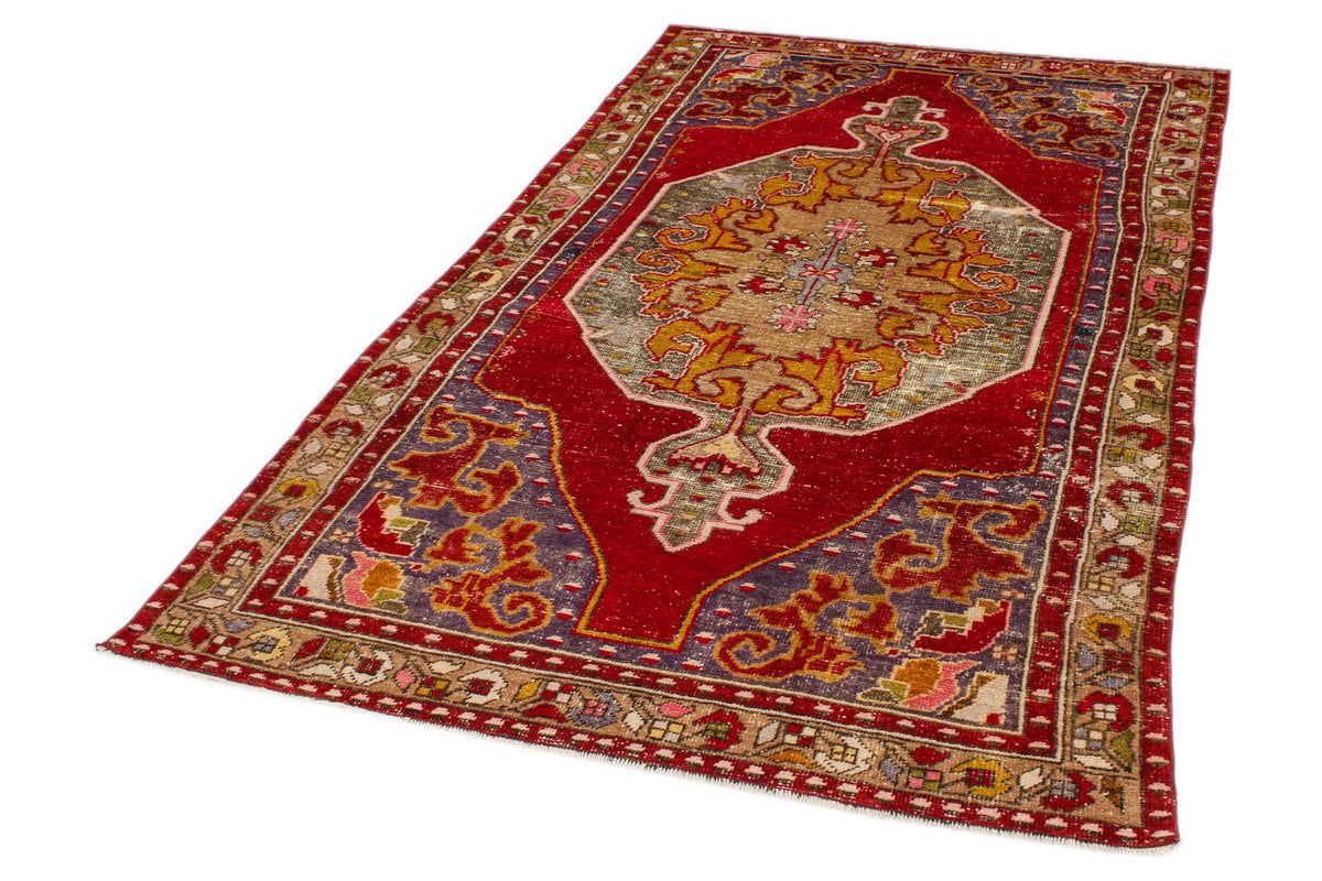 4x7 Red and Multicolor Anatolian Turkish Tribal Rug