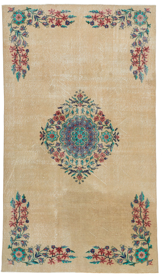 5x9 Beige and Multicolor Turkish Overdyed Rug