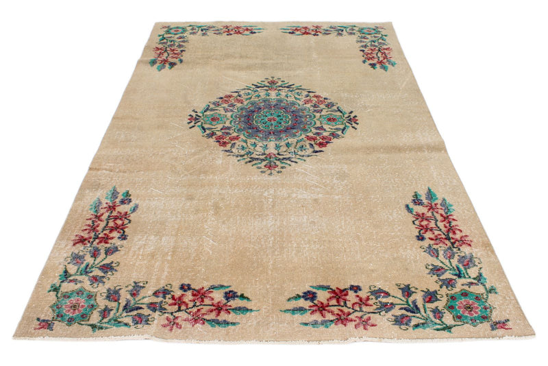 5x9 Beige and Multicolor Turkish Overdyed Rug