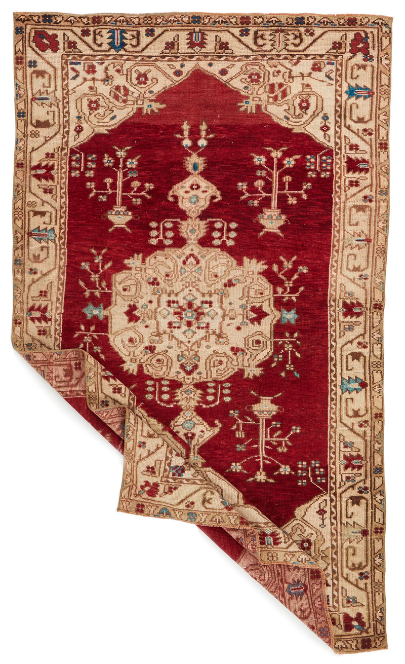 5x8 Red and Ivory Anatolian Turkish Tribal Rug