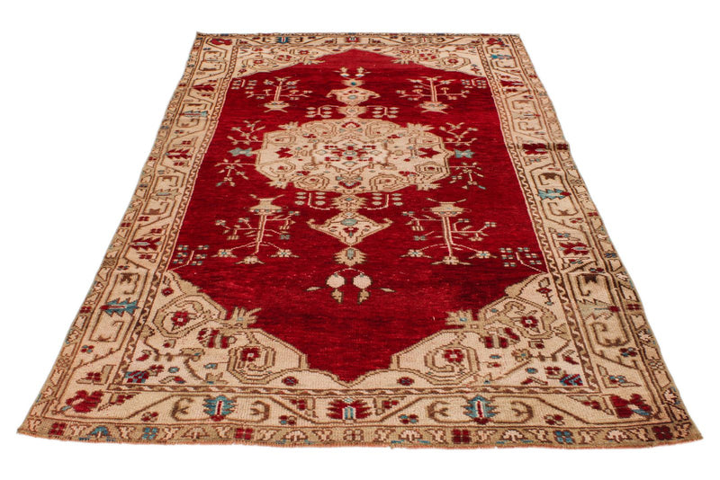 5x8 Red and Ivory Anatolian Turkish Tribal Rug