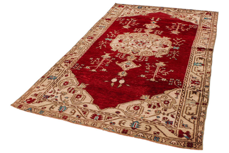 5x8 Red and Ivory Anatolian Turkish Tribal Rug