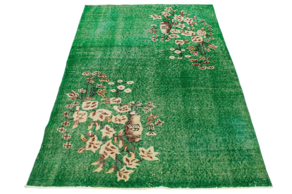 4x7 Green and Ivory Turkish Overdyed Rug