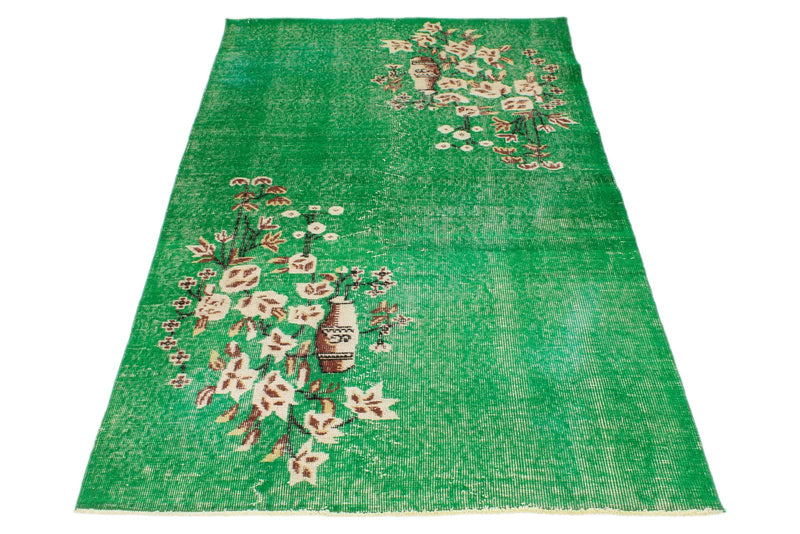4x7 Green and Ivory Turkish Overdyed Rug