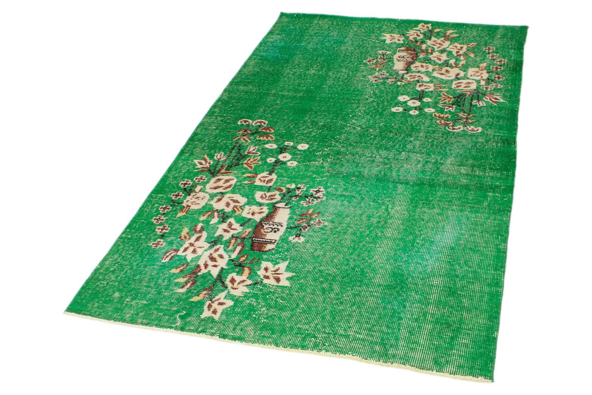 4x7 Green and Ivory Turkish Overdyed Rug