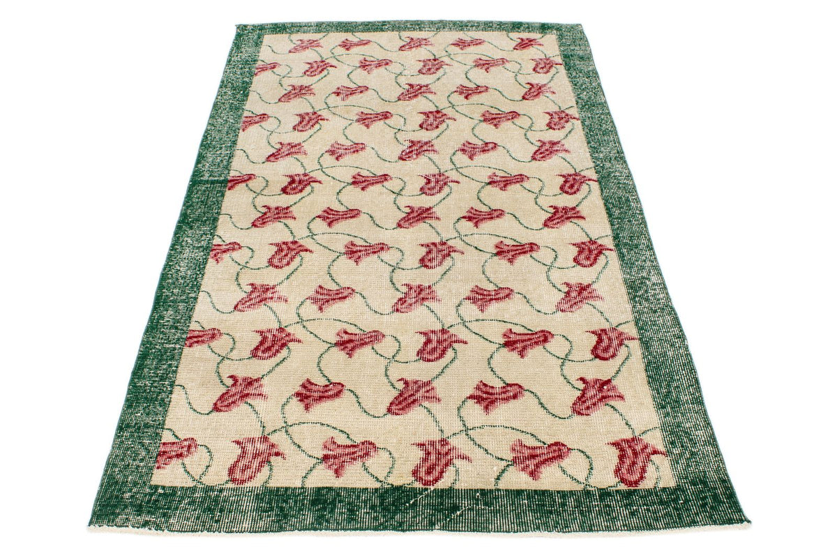 4x7 Ivory and Green Turkish Anatolian Rug