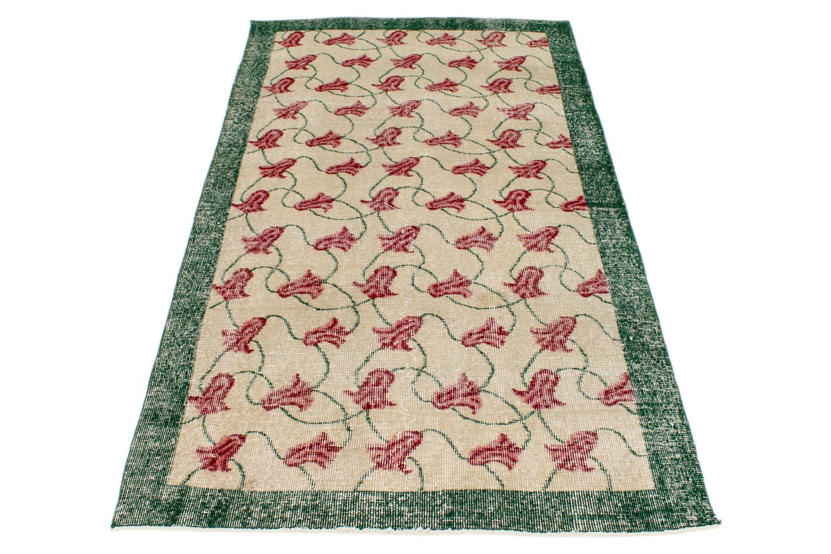 4x7 Ivory and Green Turkish Anatolian Rug
