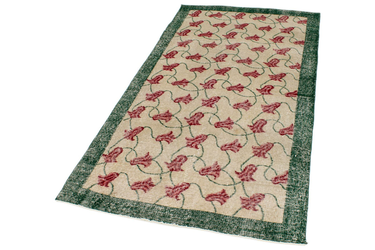 4x7 Ivory and Green Turkish Anatolian Rug