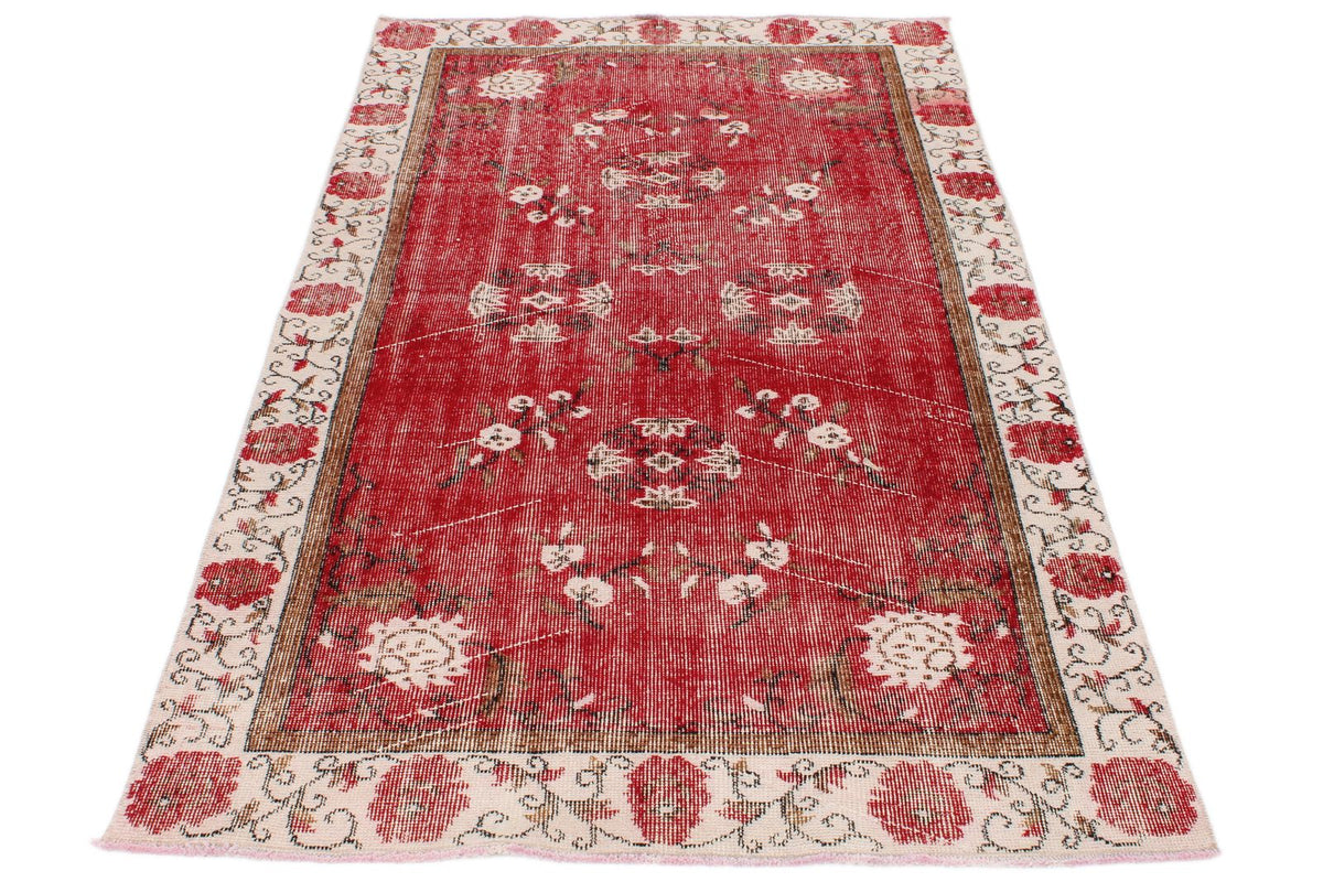 4x7 Red and Ivory Turkish Overdyed Rug