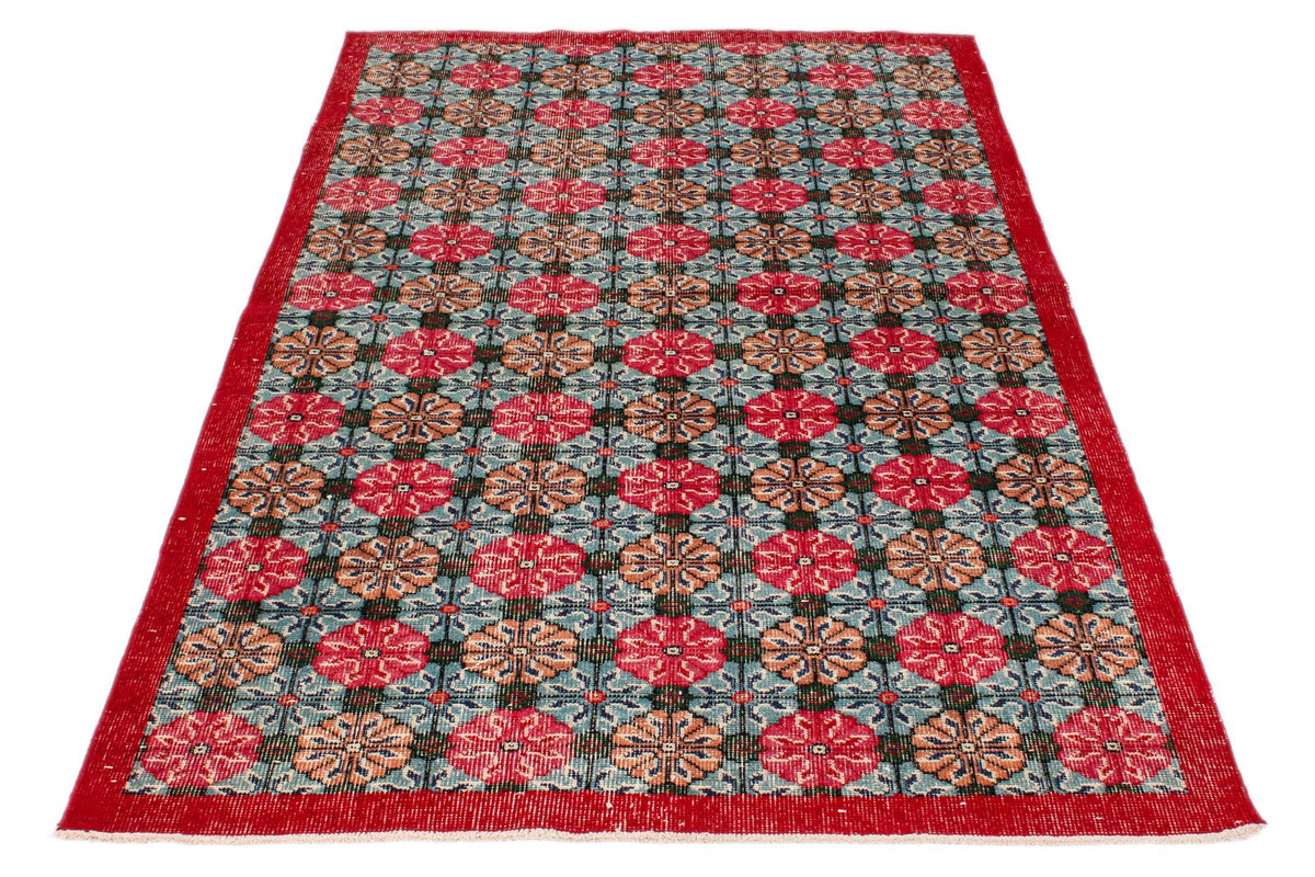 4x7 Red and Multicolor Turkish Overdyed Rug