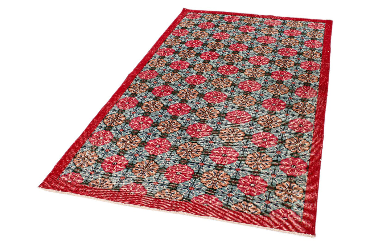 4x7 Red and Multicolor Turkish Overdyed Rug