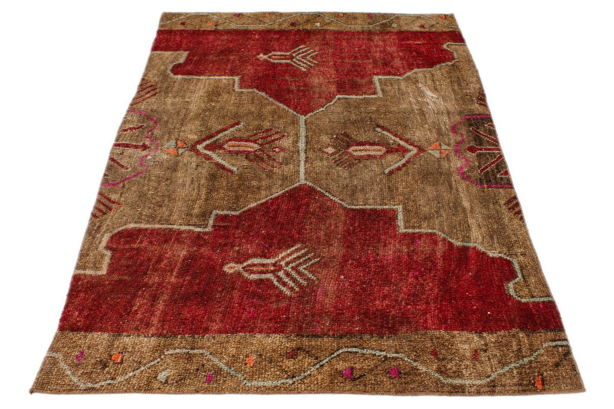 4x7 Brown and Red Turkish Patchwork Rug