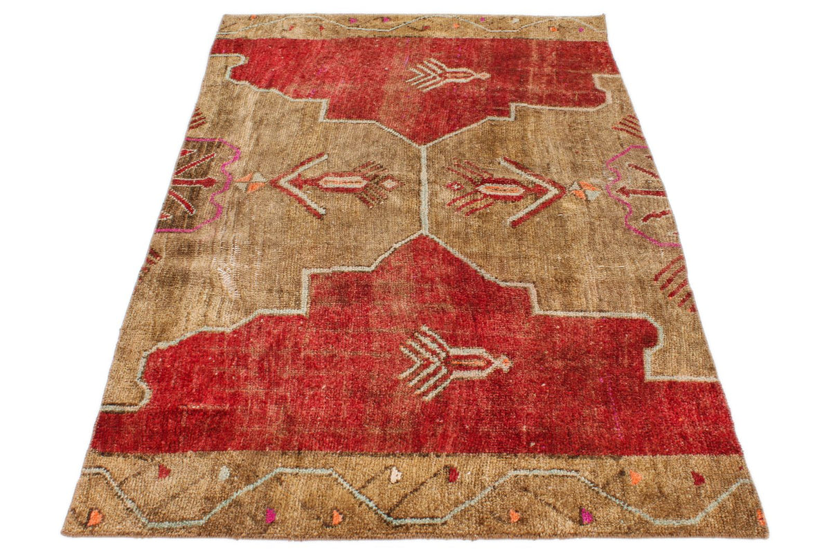 4x7 Brown and Red Turkish Patchwork Rug