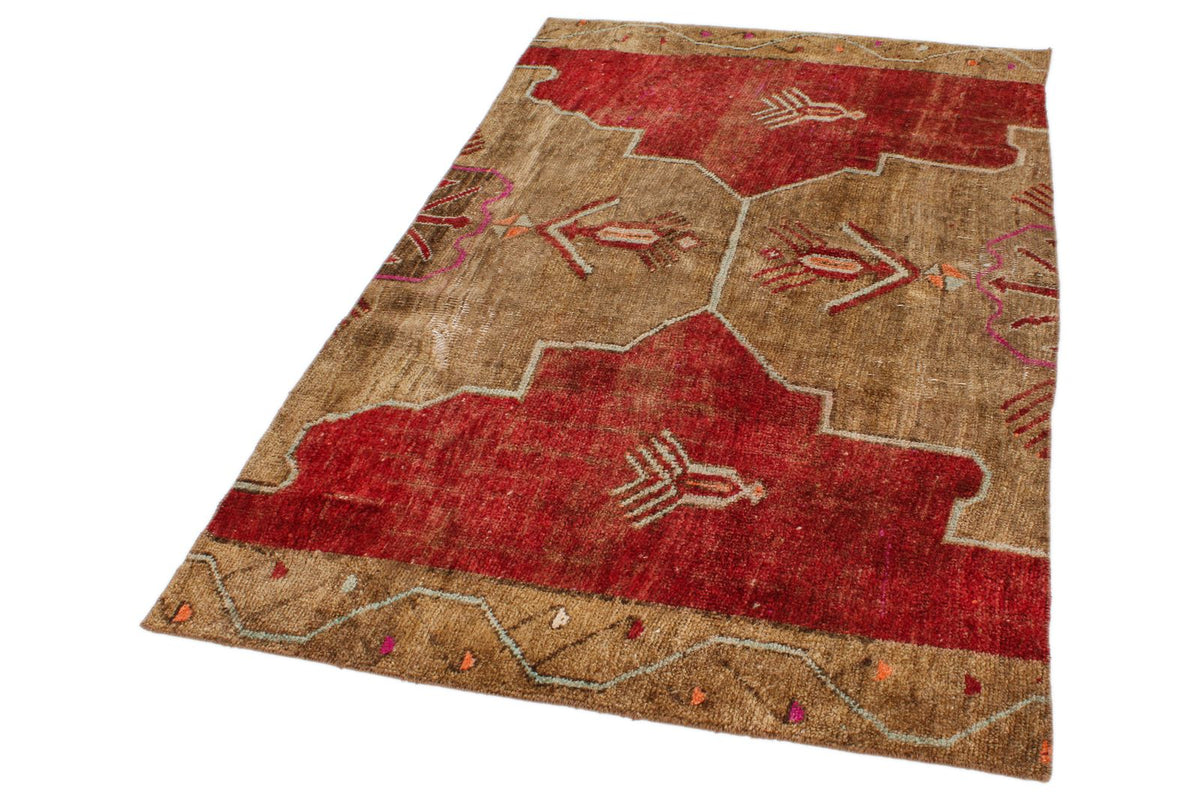 4x7 Brown and Red Turkish Patchwork Rug
