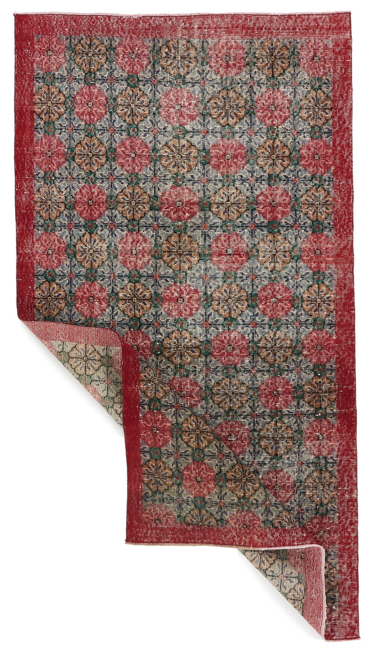 4x7 Red and Multicolor Turkish Overdyed Rug