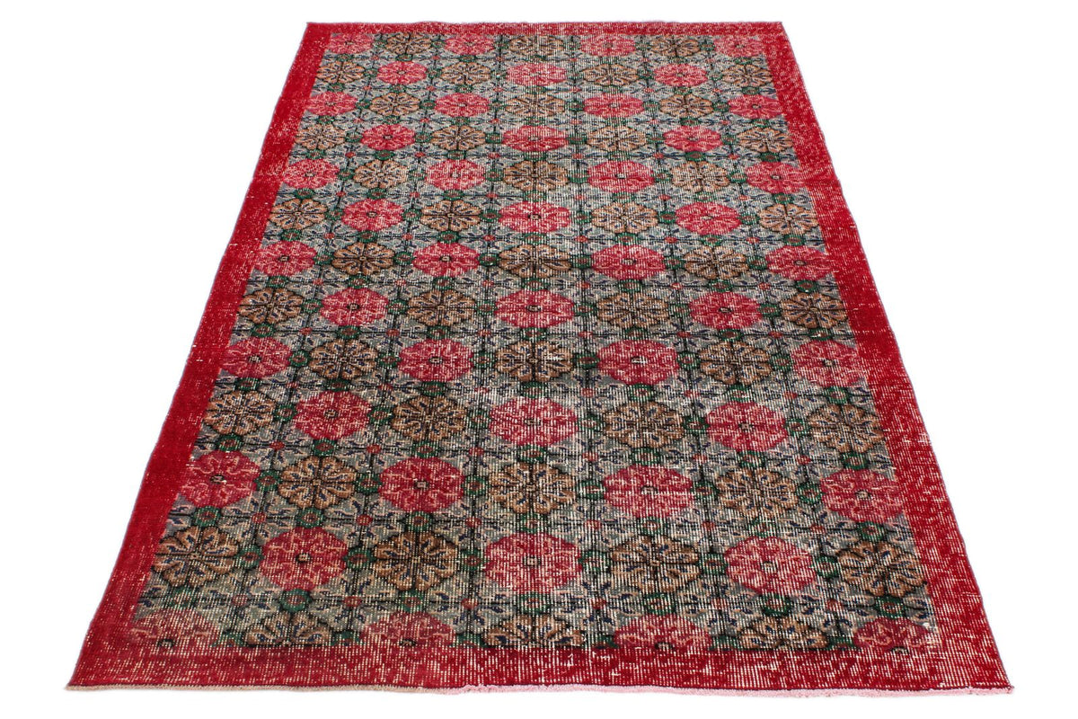 4x7 Red and Multicolor Turkish Overdyed Rug