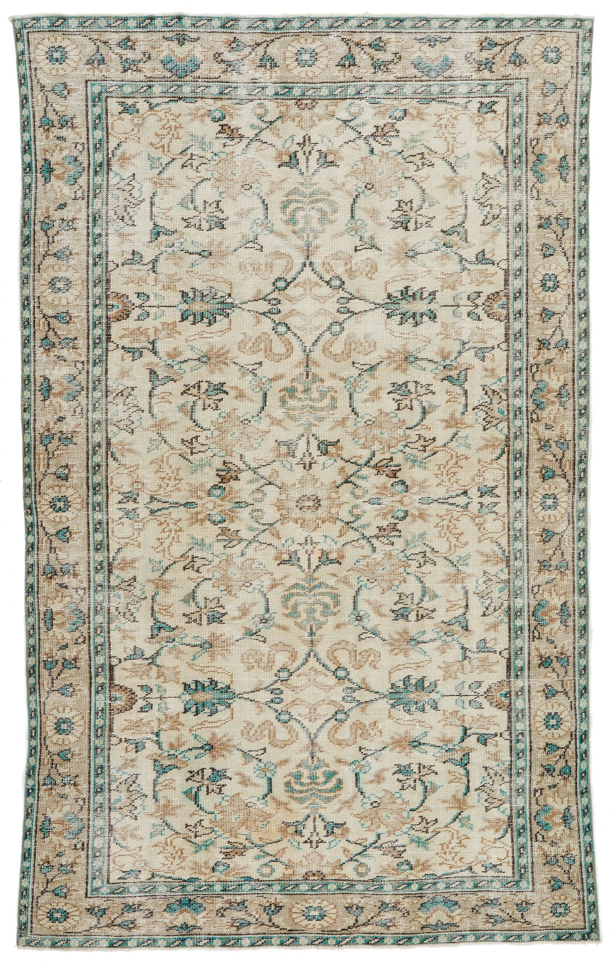 6x9 Ivory and Green Turkish Overdyed Rug