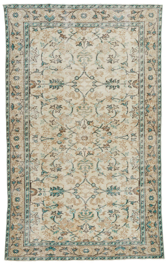 6x9 Ivory and Green Turkish Overdyed Rug