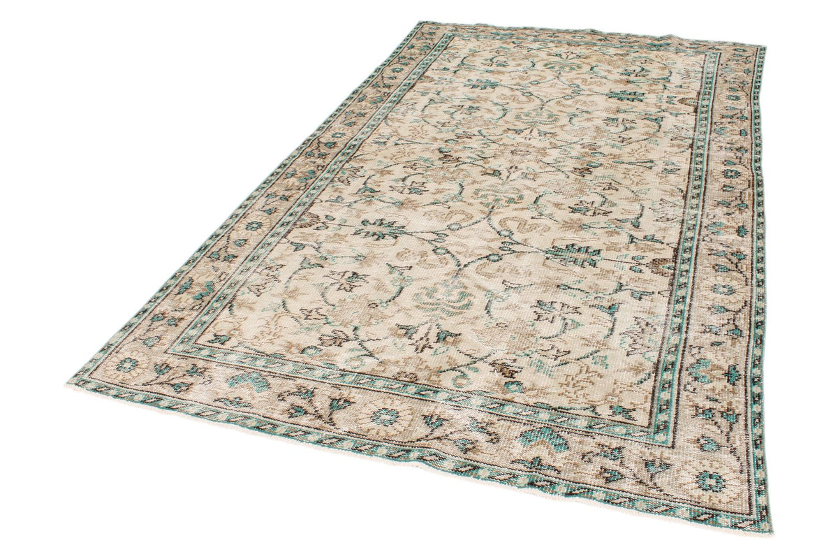 6x9 Ivory and Green Turkish Overdyed Rug